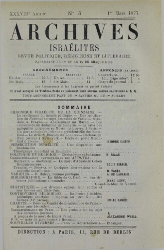 Archives israélites de France. Vol.38 N°05 (01 mars 1877)